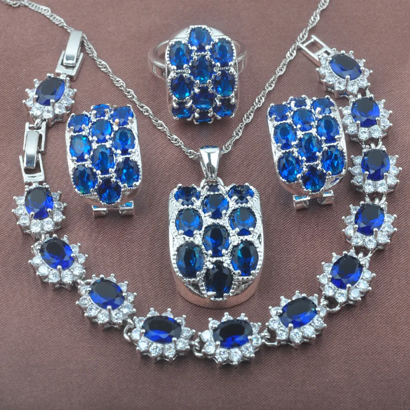 

Unique Blue Zirconia White CZ 925 Sterling Silver Women's Jewelry Set Bracelet Necklace Pendant Earrings Ring YZ0520
