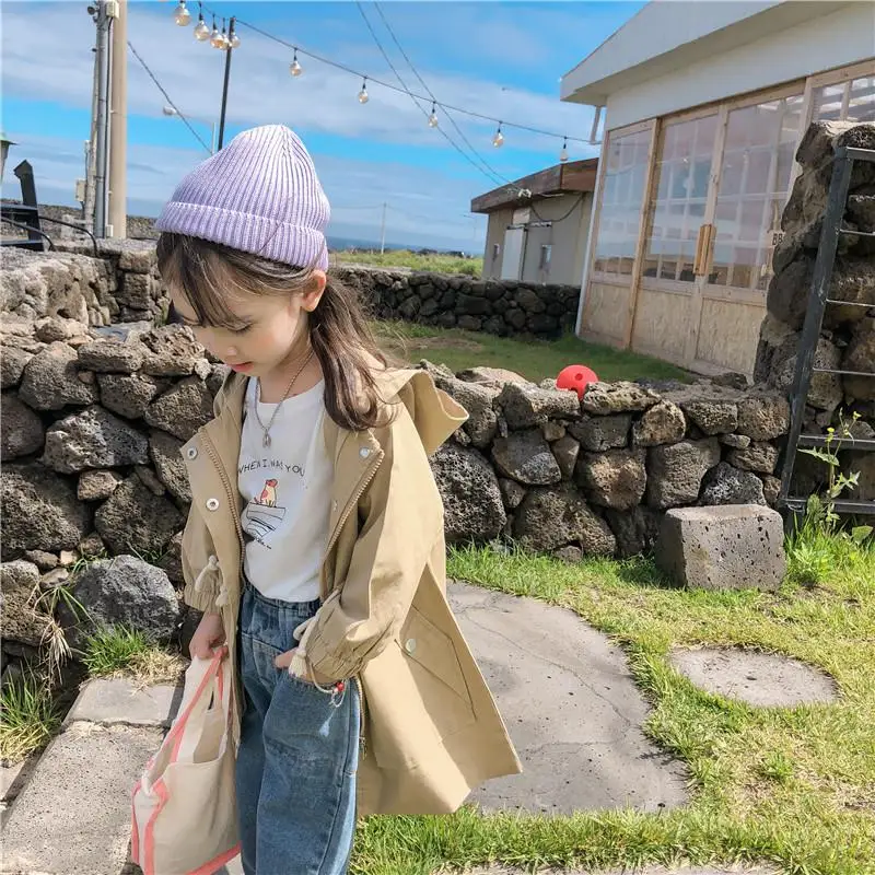 Autumn New Arrival Korean style cotton pure color long style loose hooded windbreak coat for fashion cool baby girls - Цвет: khaki