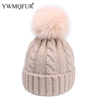 

YWMQFUR Winter Warm Women Knit Hats Classic Lady Skullies Hat With Vintage Fox Fur Ball Female Leisure Beanies Caps New Arrival