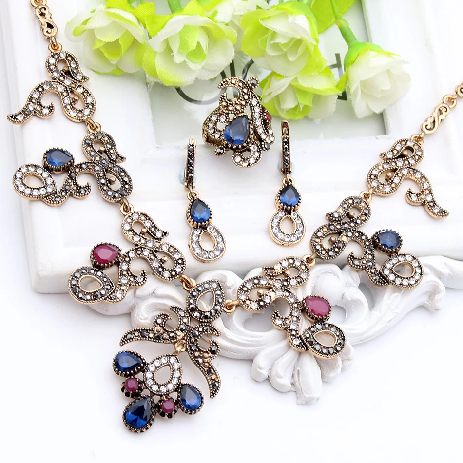 

Vintage Turkish Jewelry Sets For Women Retro Gold Color Earring Ring Bracelet Necklace Flower Resin Rhinestone Turkey Jewelry