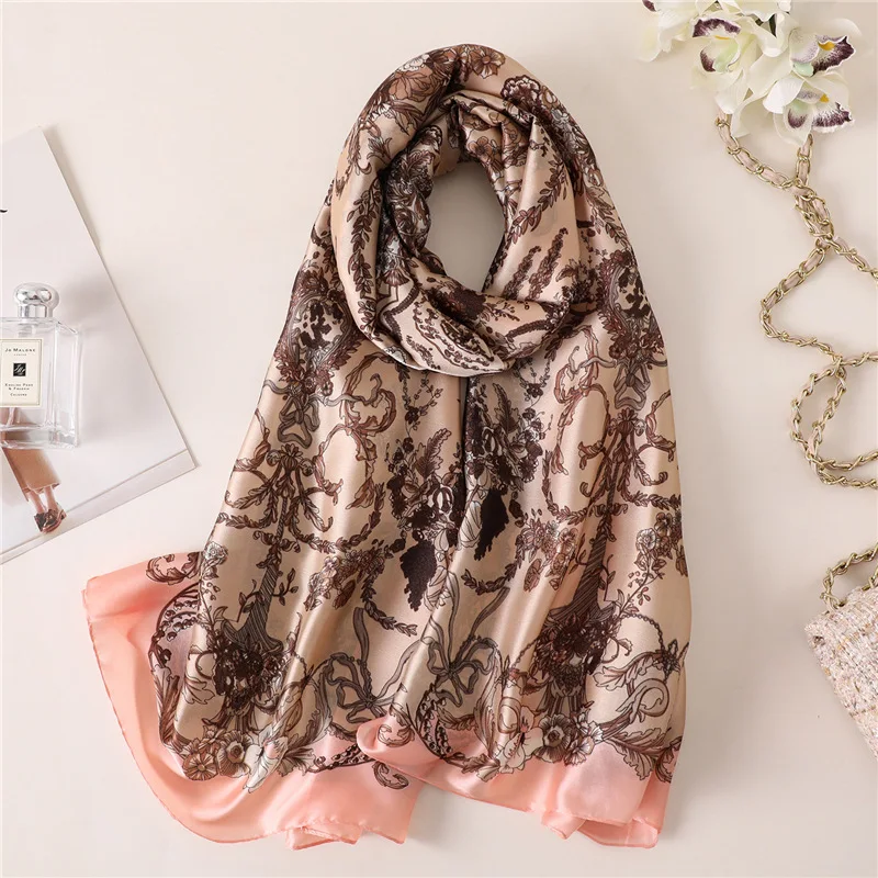 

New autumn and winter scarf female retro flower pattern long silk scarf travel sunscreen shawl