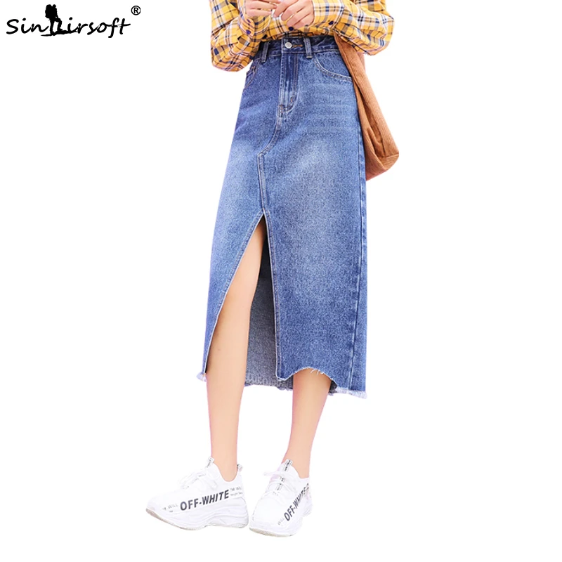 

Summer High Waist Women Long Slim Skirt 2019 Plus Size Straight Mid Calf Denim Skirt Ladies Office Sexy Jeans Female