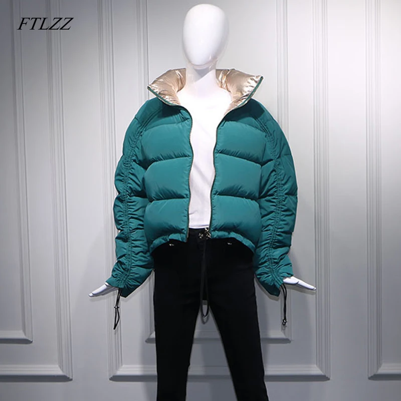 

FTLZZ Winter Women Down Jacket Golden Green Short Coat Double Side Turtleneck Collar White Duck Down Snow Outwear Parkas