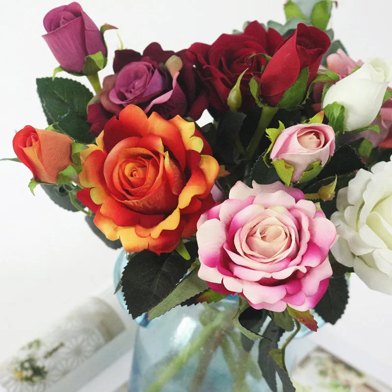 Flone 3 Heads Artificial Flannelette Rose Flower Simulation Flowers For Wedding Home Dining Table Party Office Decoration (17)