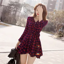 2016 New Fashion Women Lapel Long Sleeve Tartan Plaids Checks Mini Dress Casual Shirt Dresses Evening
