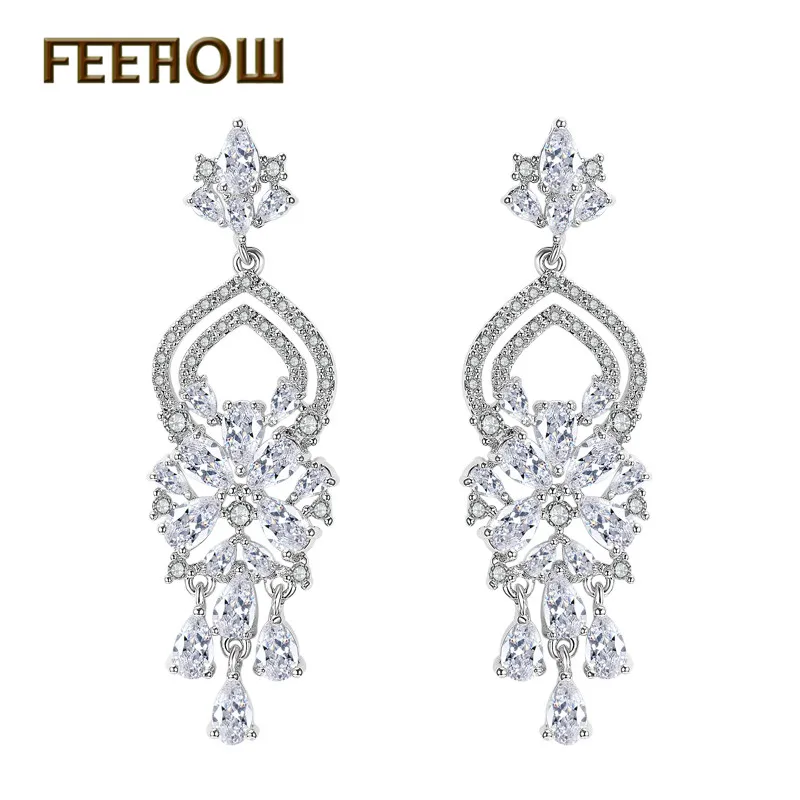

FEEHOW Luxury AAA Cubic Zirconia Wedding Drop Earrings With Chandelier Shape Party Fashion Jewelry FWEP551