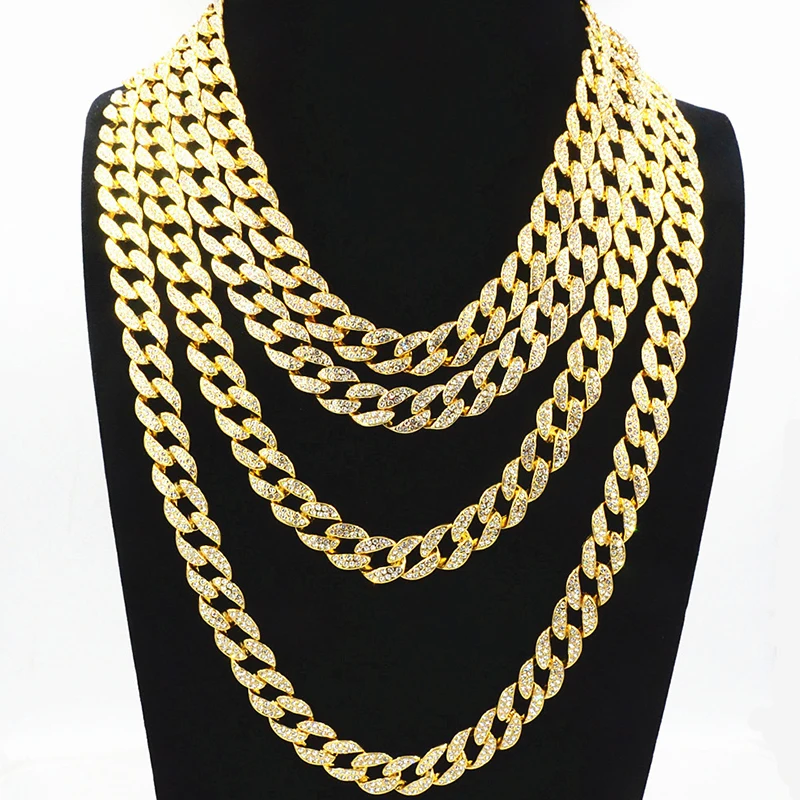 

Customize Iced Out Finish Miami Cuban Link Chain Necklace Rhinestone Crystal Bling Men's Hip Hop Jewelry 16,18,20,22,24 Inch