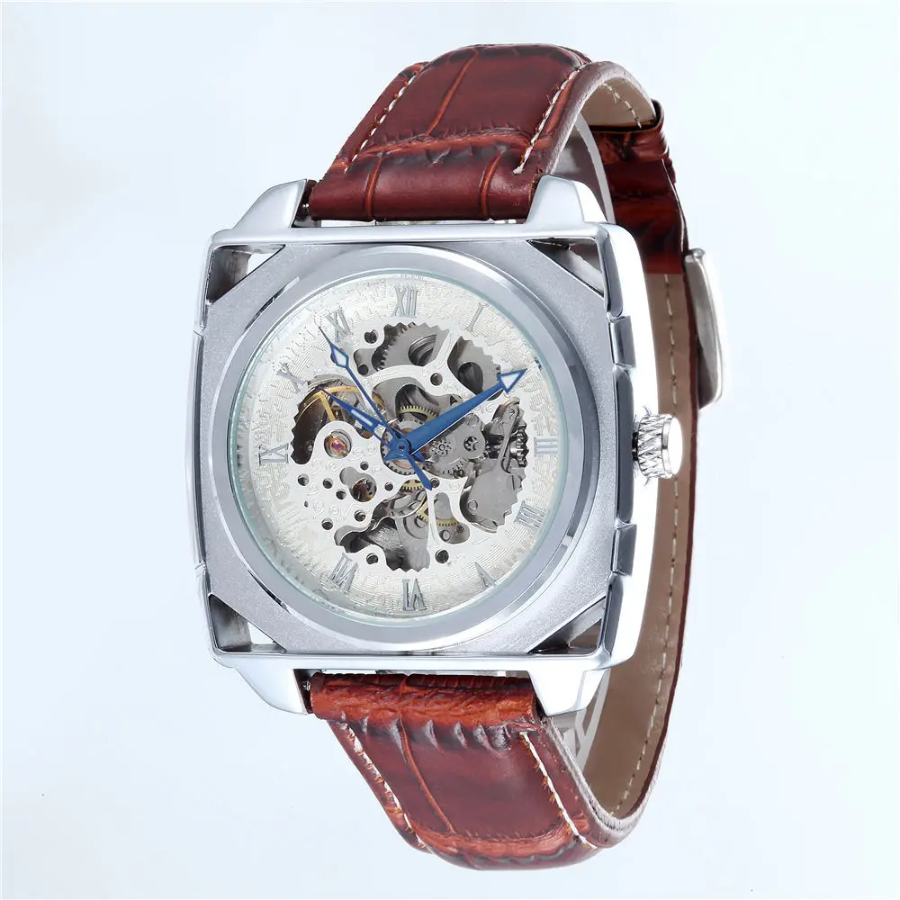 

Relogio Masculino Top Brand Men Square Automatic Mechanical Watches Fashion Men Skeleton Watches Leather Band reloj hombre GOER