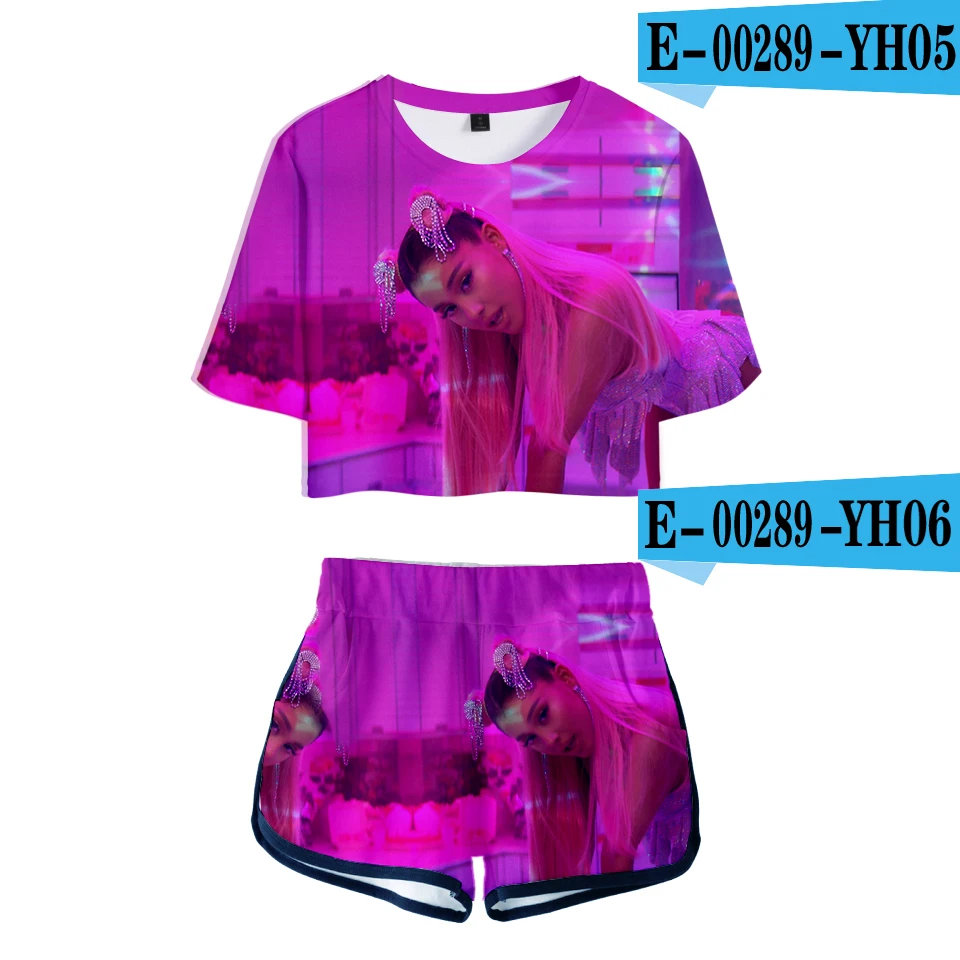 Модная женская футболка с пупком, 3D принт, Ариана Гранде, комплект из двух предметов+ короткие штаны, летняя футболка с пупком, комплекты для отдыха для девочек - Цвет: 3D