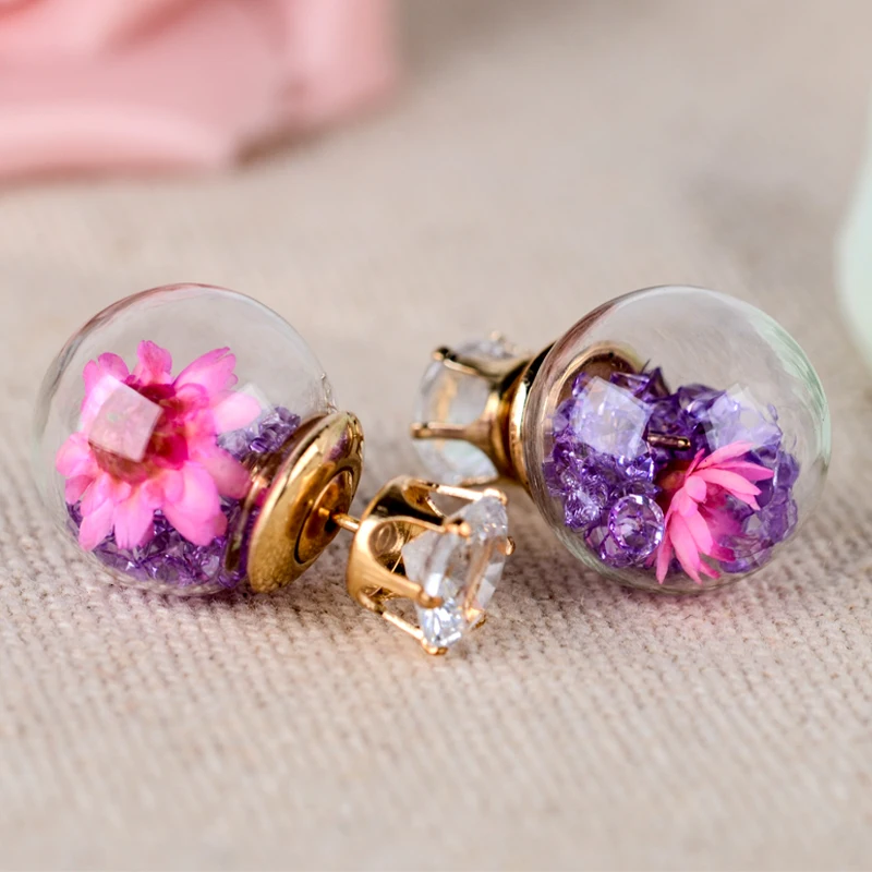 Hot Fashion Women Lady Elegant Flower Spherical Rhinestone Ear Stud Earrings