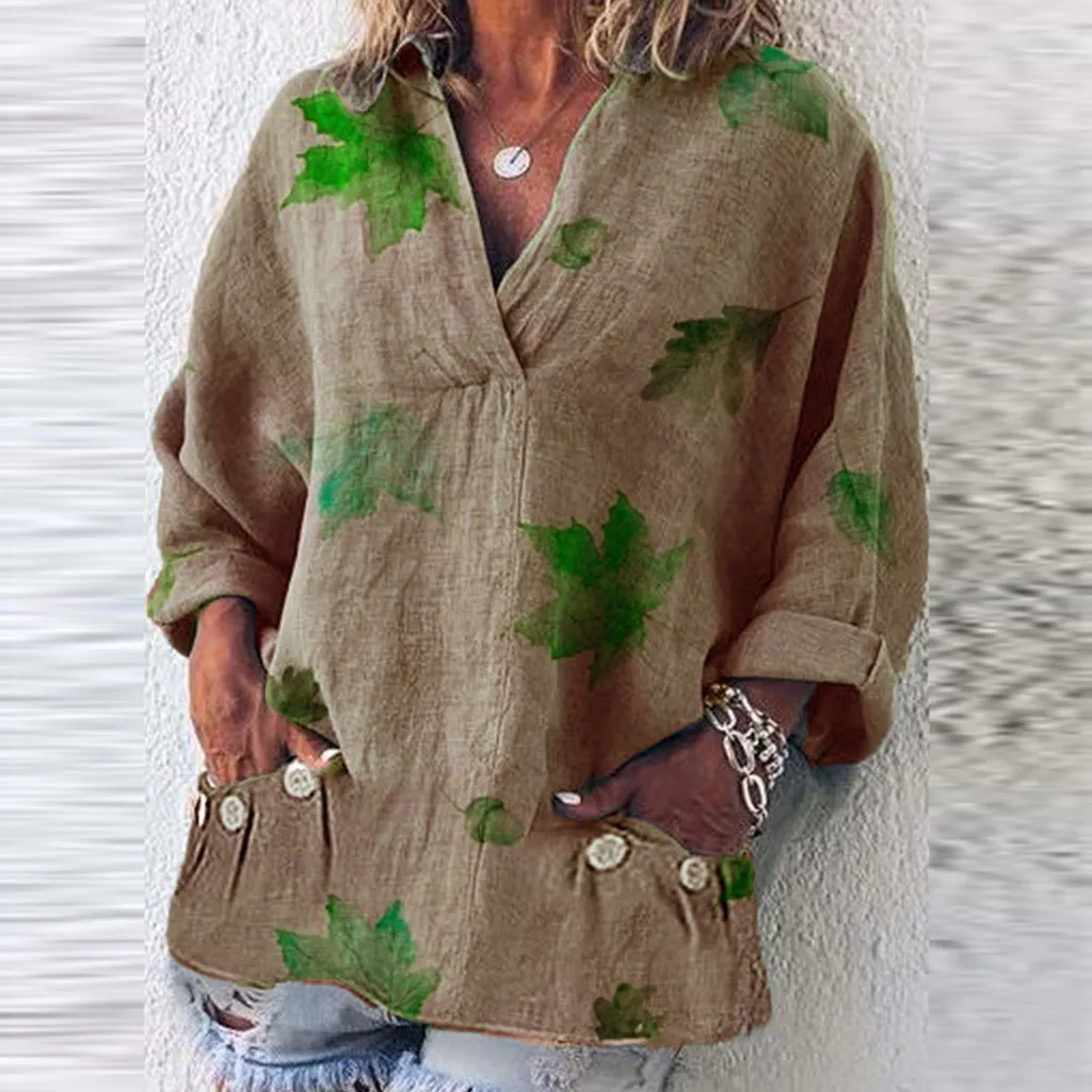 Женская свободная женская блузка с v-образным вырезом и карманами с принтом листьев, льняная футболка с длинным рукавом, топ, блуза, vetement femme harajuku