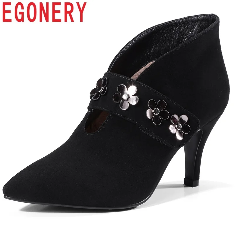 

EGONERY women fashion high heels pumps pointed toe kid suede real leather shoes black ankle buckle thin heel woman party shoes