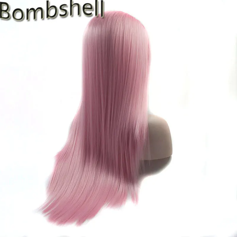 

Bombshell Long Silky Straight Wig Baby Pink Synthetic Lace Front Wigs Heat Resistant Fiber Soft Hair Middle Parting For Women