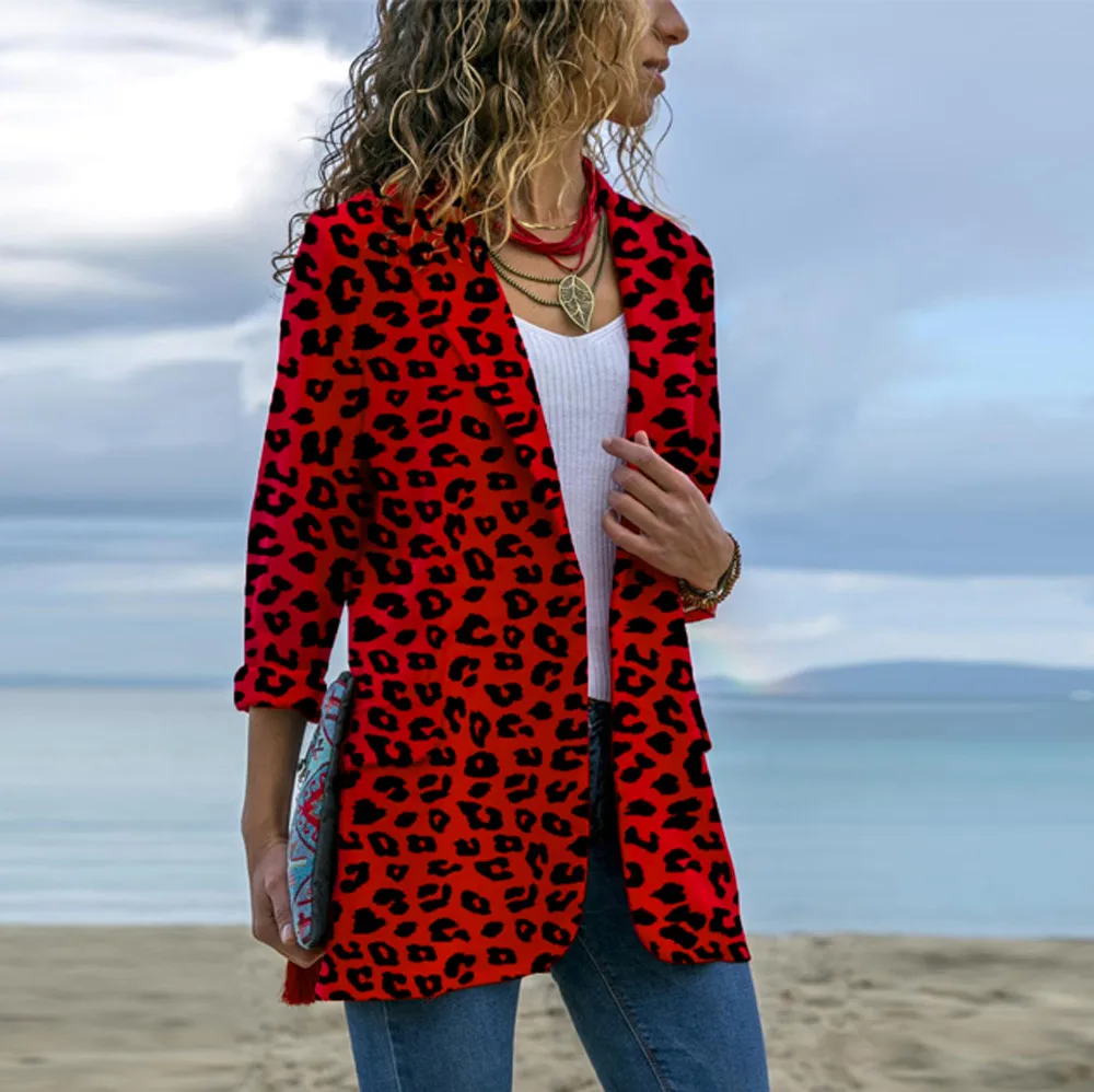 

Women Long Sleeve Cardigans Leopard Coat Open Front Jackets Outwear OverCoat Ladies Leopard Print Lapel Jacket