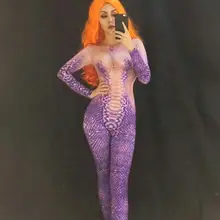 Современный Ночной клуб Женская Песня Dj сексуальный комбинезон фиолетовая с принтом длинная серия Сценические костюмы женский горный хрусталь боди