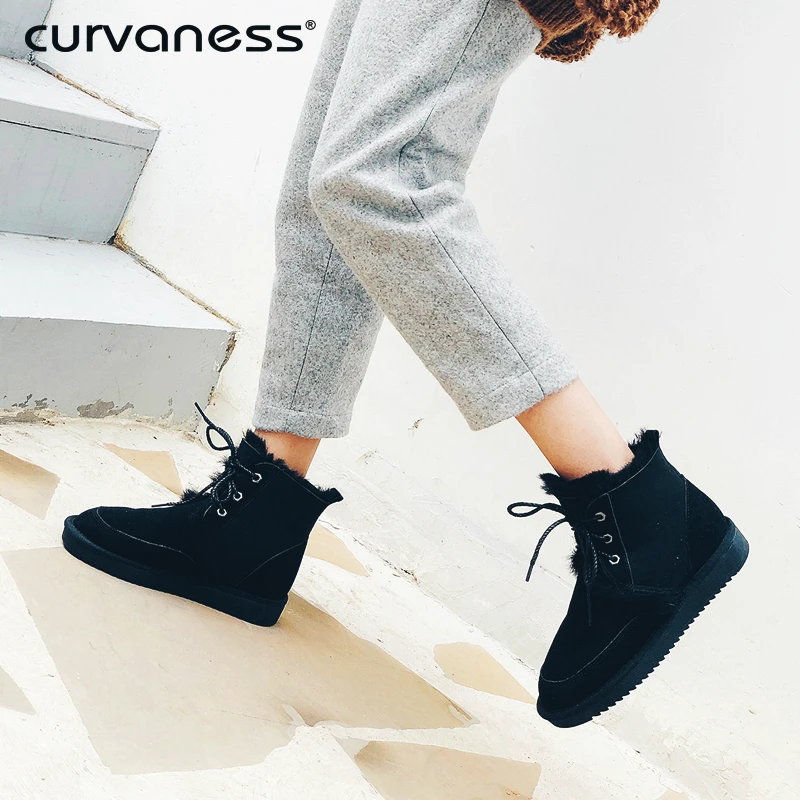 

Curvaness Winter Women's Snow Boots High Quality Wool Blend Fur Lining Boots High Low Heel Shoes Women's Casual Ankle Boots