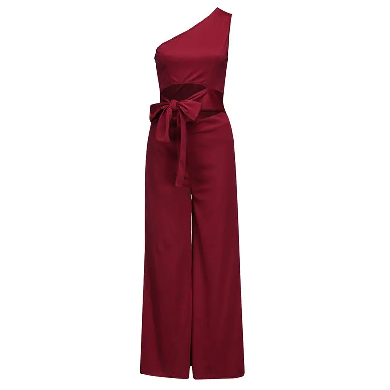  New Summer Women Fit Slim Solid High Waist Lace Up Sexy Off Shoulder Flare Jumpsuits Fashion Holiday Elegant  Jumpsuit #4R07  (12)