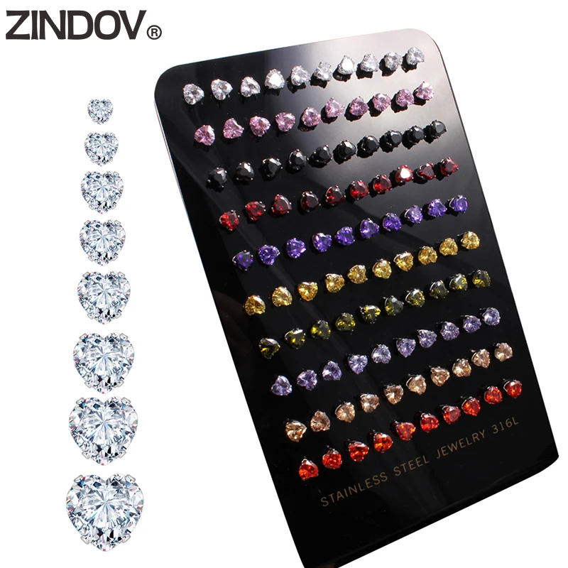 ZINDOV 10 пар/лот, серьги-гвоздики для женщин и мужчин, кубический цирконий, сердце из нержавеющей стали, 10 цветов, CZ серьги-гвоздики, модные ювелирные изделия