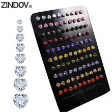ZINDOV 10 пар/лот, серьги-гвоздики для женщин и мужчин, кубический цирконий, сердце из нержавеющей стали, 10 цветов, CZ серьги-гвоздики, модные ювелирные изделия