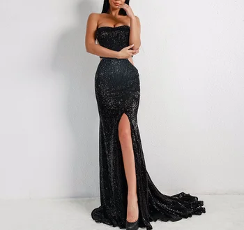 

Sexy Strapless Long Sequin Dress Sleeveless Vintage Sexy Backless Evening Party Dress Silver Front Split Backless Vestido Summer