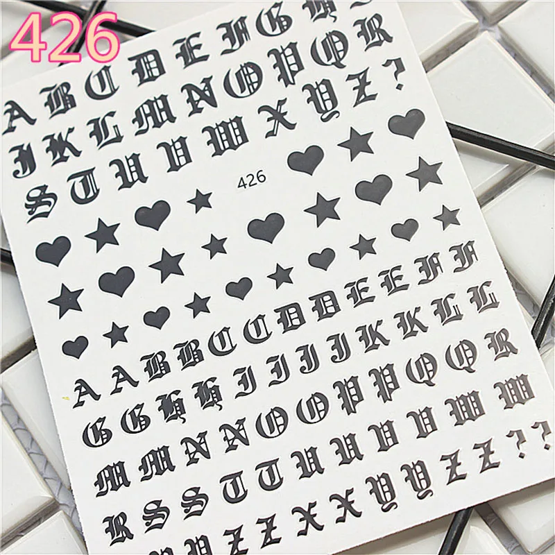 1 sheet Gold/black 3d Nail Art Sticker Nail Decal Gothic font English alphabet Words Character Nail Adhesive Sticker Decals 2019