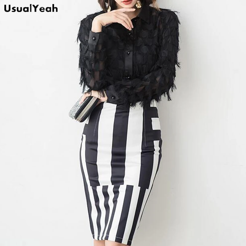 USUALYEAH 2018 Women Tassel Blouse Shirts Long Sleeve Fashion OL Female Black White Blusas Femininas S-XL SY0514