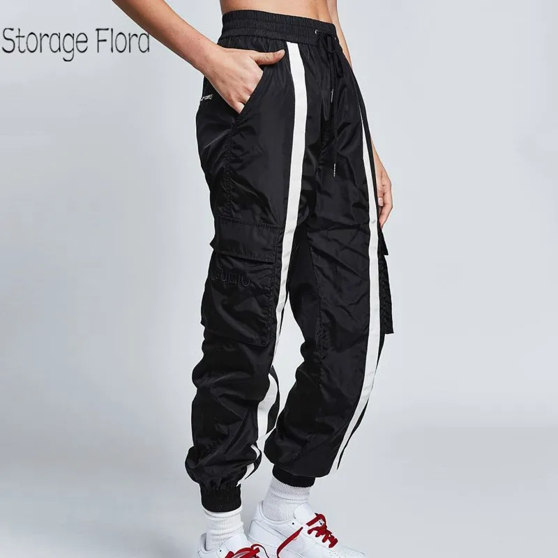 

Storage Flora New Women Casual Stripe Loose Cargo Pants Side Pocket Long Pants Female Fitness Workout Trousers Streetwear