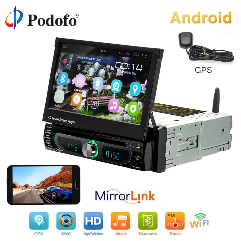 

Podofo 10.1" Android Multimedia CD/DVD Player GPS Navigation Car Radio Stereo 1din Universal Autoradio WIFI Bluetooth FM AM USB