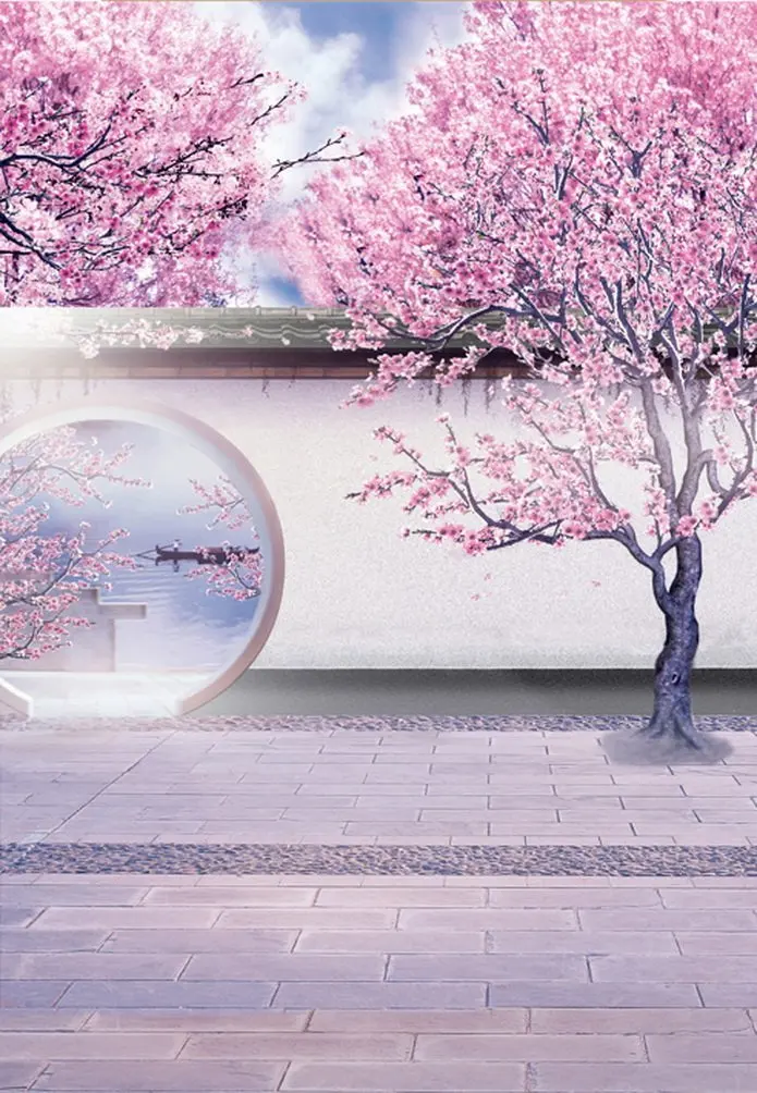 

Chinese Traditional Door Pink Flower Tree Photography Backdrops Photo Props Studio Background 5x7ft