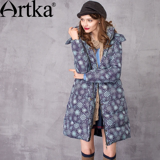 Cheap Artka Women's Winter New Floral Printed White Duck Down Coat Vintage Hooded  Raccoon Fur Collar Long Sleeve Down Coat ZK10369Q