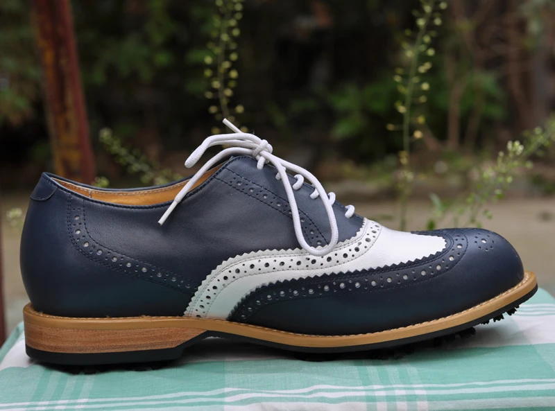Roof Brand Handmade Leather Men's Golf Shoes, Blue and White Mixed