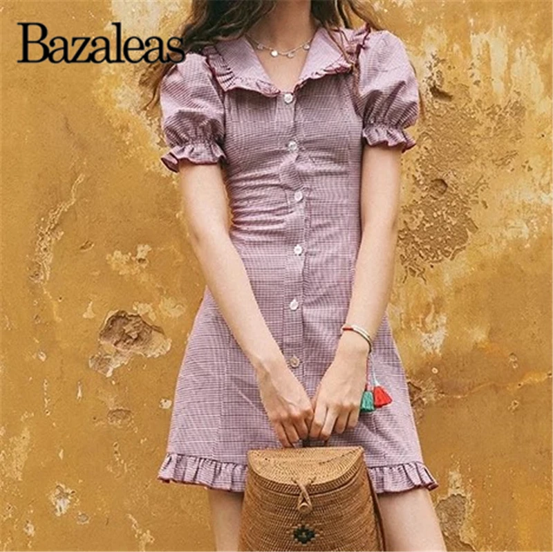 

Bazaleas Vintage Pink Houndstooth Summer dress Fashion Puff Sleeve dress Casual Peter pan collar Ruffles vestidos drop shipping