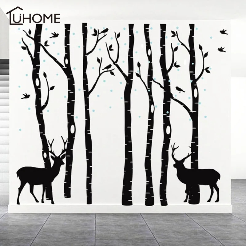 ضخمة الأشجار الأيائل الغابات ملصقات جدار 7 أشجار البتولا مجموعة القابل للإزالة الفينيل صور مطبوعة للحوائط لغرفة المعيشة ورق حائط لحجرة النو...