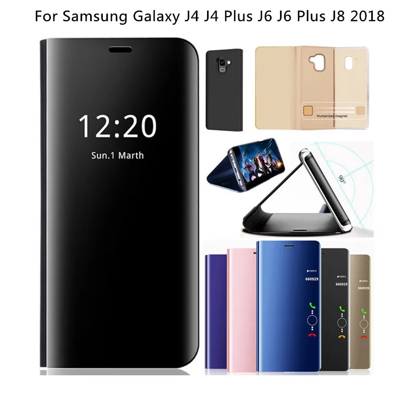 

Flip Smart Holder Case for Samsung Galaxy J4 J4 Plus J6 J6 Plus J8 2018 Clear Mirror View Stand Flip Leather Cover Hard Case