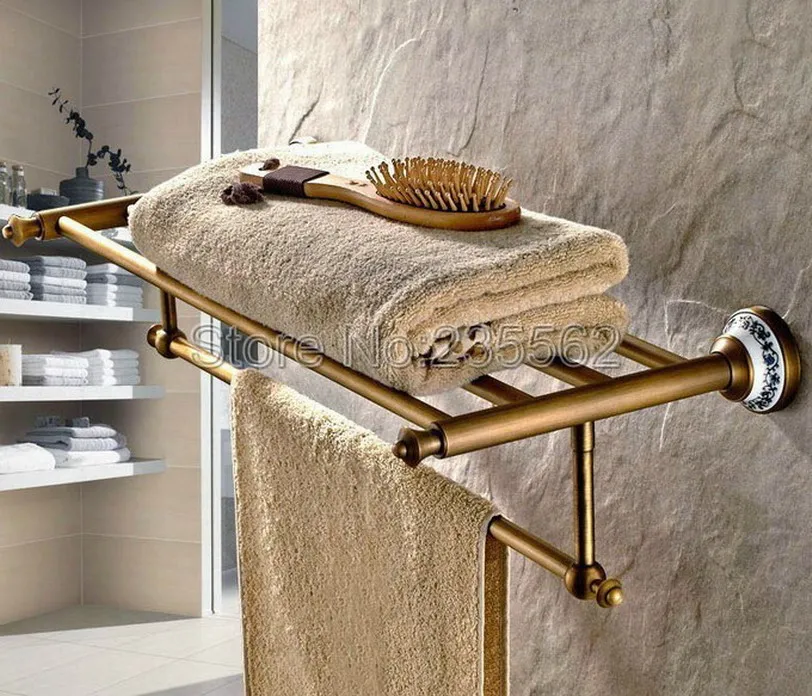 

Antique Brushed Brass Porcelain Base Bathroom Accessories Wall Mount Towel Rack Holders Towel Shelf Towel Bar lba411