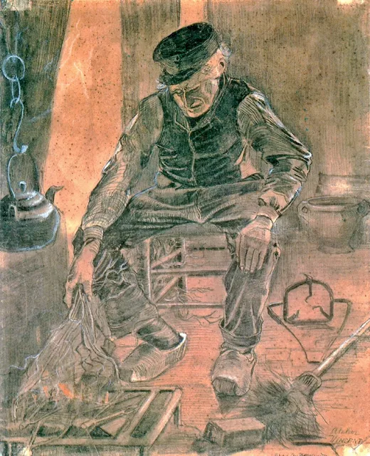 unframed canvas prints an old man putting dry rice on the hearth by