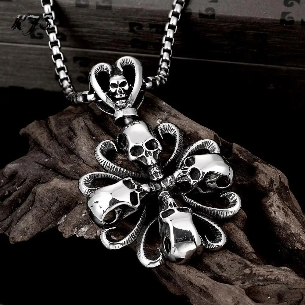 European Vintage Steampunk Gothic Skull Flower Pendant Necklace For Men