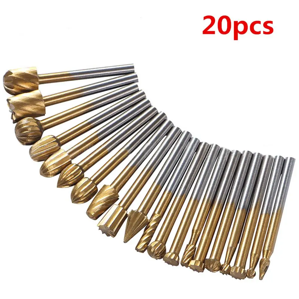 

20pcs HSS Titanium Coating Burrs Rotary Files Set Woodworking Engraving Knife Carving Rasps Accessory Drill Bit Set