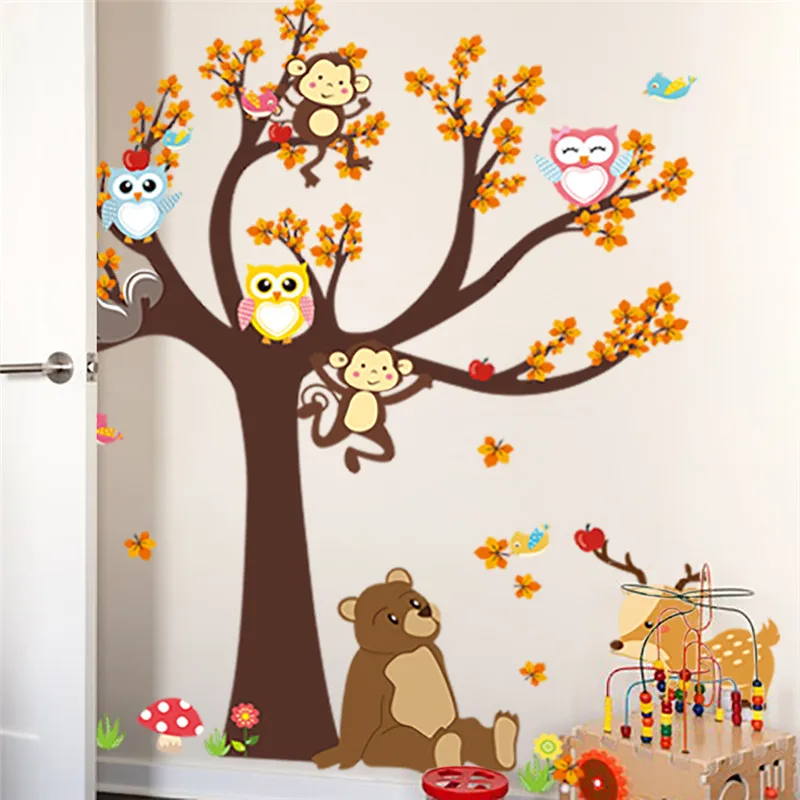 Cartoon Forest Tree Branch Animal Owl Monkey Bear Deer Wall Stickers For Kids Rooms Boys Girls Children Bedroom Home Decor