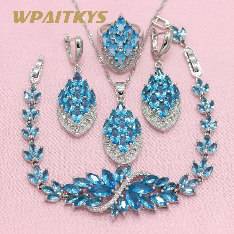 Light Blue Cubic Zirconia 925 Silver Jewelry Sets For Women Wedding Earrings Necklace Pendant