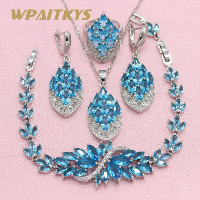 Light Blue Cubic Zirconia 925 Silver Jewelry Sets For Women Wedding