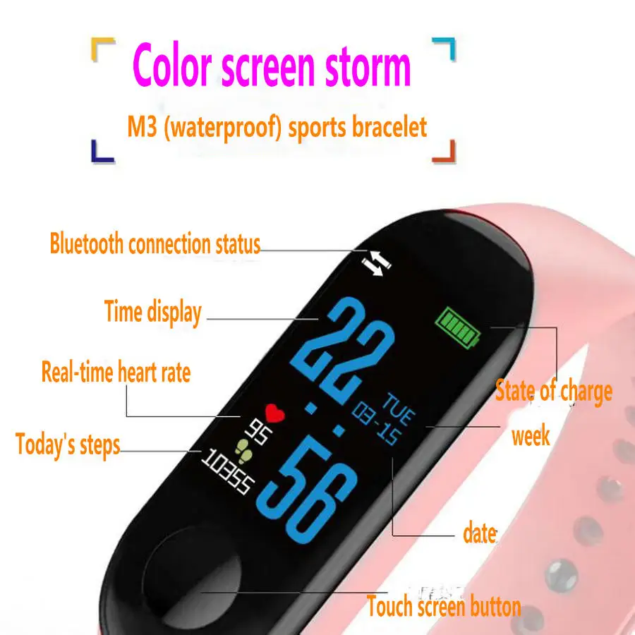 M3 smart bracelet color screen step heart rate waterproof   Sports call information reminds smart bracelet