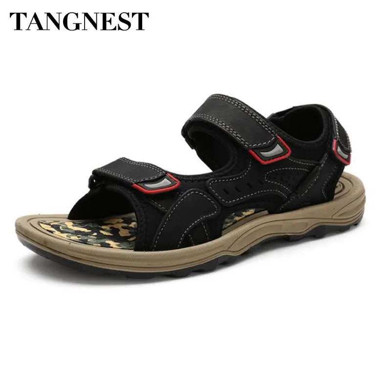 

Tangnest NEW 2018 Men's Genuine Leather Sandals Casual Summer Camouflage Bottom Gladiator Sandals Comfort Beach Slippers