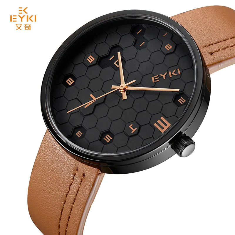 

EYKI 2018 Mens Watches Top Brand Luxury Cowhide Genuine Leather Strap Quartz Watch Men Fashion Simple Clock Relogio Masculino