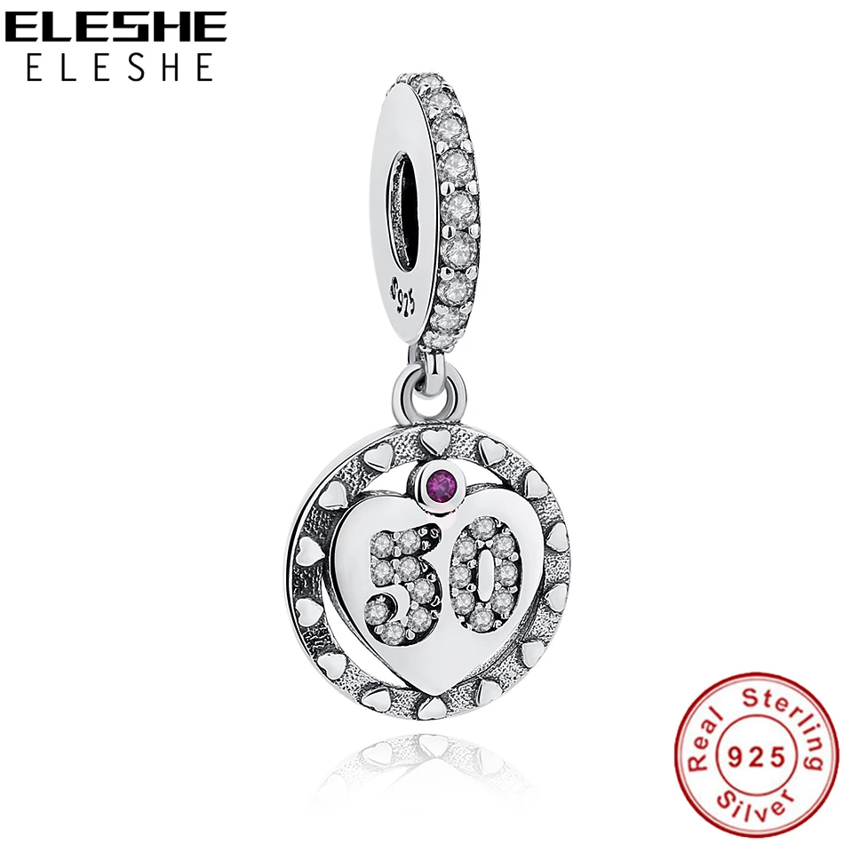 

ELESHE Original 925 Sterling Silver Bead Charm 50 Years Of Love Pendant Charms with Clear CZ Fit Women Bracelets DIY Jewelry