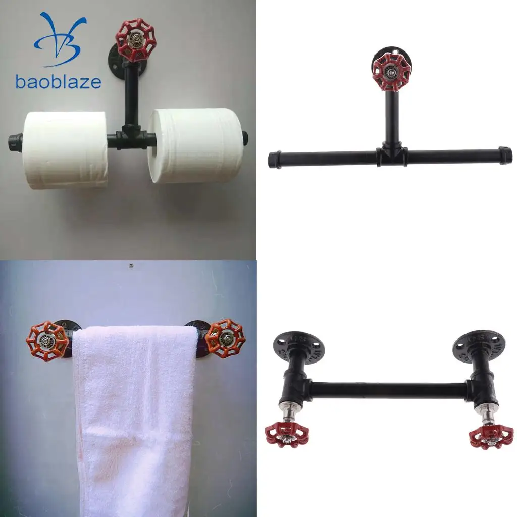 Home Decorative Industrial Rustic Wall Mounted Metal Iron Pipe Toilet Roll Paper Double Holder Towel Rack