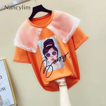 

2019 Summer New Fashion T Shirt Girls Ladies Short Sleeve Organza Lace Patch Girl Print T-shirt Top Students Tops Tees Nancylim