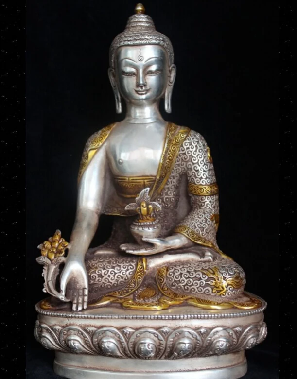 

150610 S1421 12" Tibet Buddhism Silver Gild Seat Menla Medicine Buddha medical God Statue