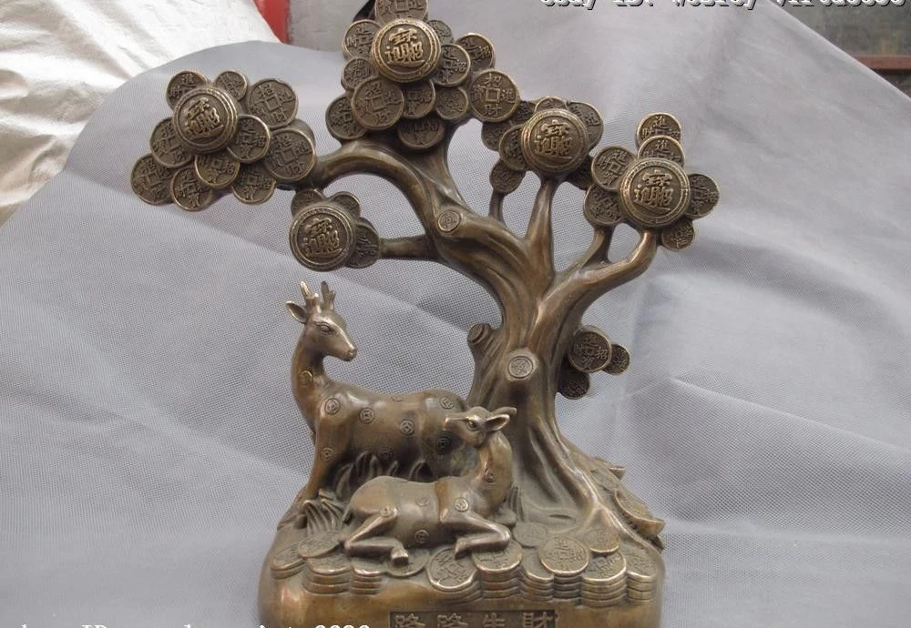 

Chinese Copper Bronze Feng shui Lucky Wealth Two Sika deer Money Tree Statue
