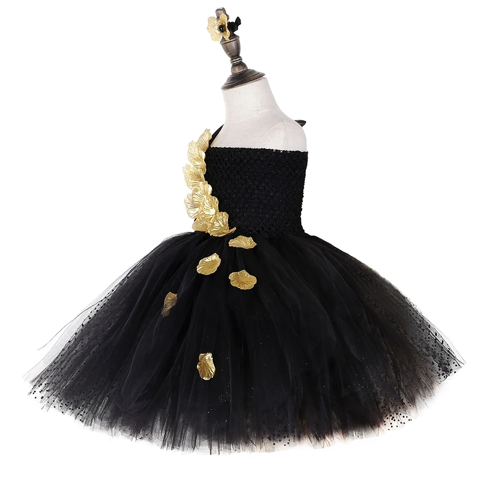 Платье-пачка с лепестками черного и золотого цветов вечернее пышное свадебное платье из тюля для девочек детская одежда для девочек, детское праздничное платье на день рождения